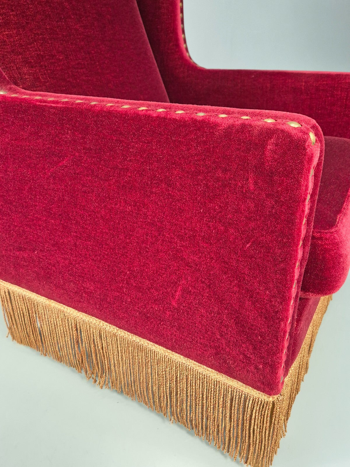 Vintage Danish Wingback Lounge Chair Red Velour Tassels 1940s Retro EB9614 VCLO - UKDK FURNITURE