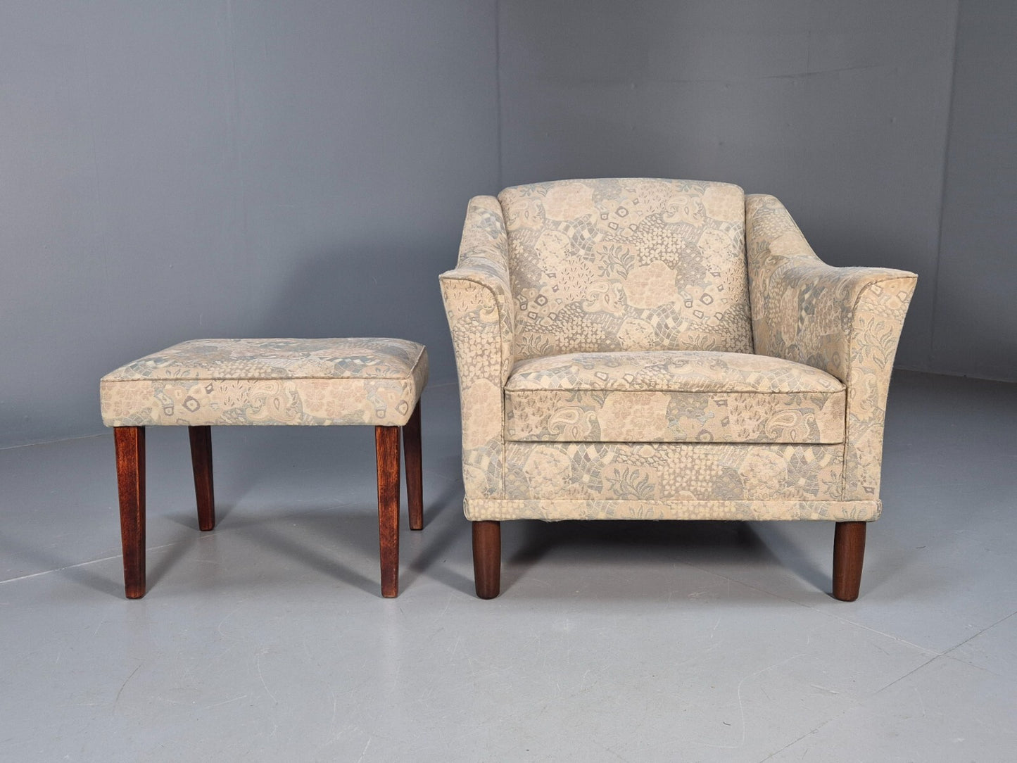 Vintage Danish Lounge Chair with Ottoman Floral Cotton 1980s Retro EB9594 MNOR - UKDK FURNITURE
