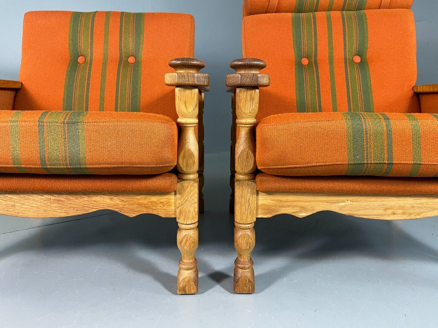 2 Vintage Danish Lounge Chairs Orange Green Oak Kjaernulf Retro MCM EB6716 MNOR - UKDK FURNITURE