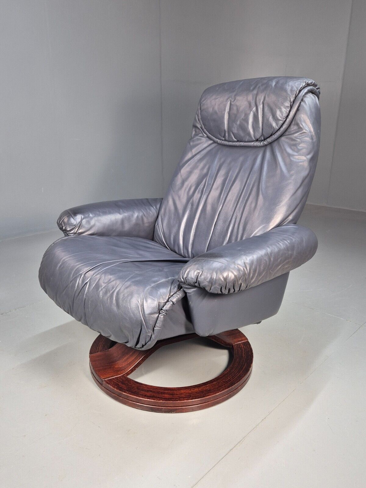 Vintage Danish Swivel Chair Blue Grey Leather Reclines 1980s Retro Eb8465 MSWI - UKDK FURNITURE