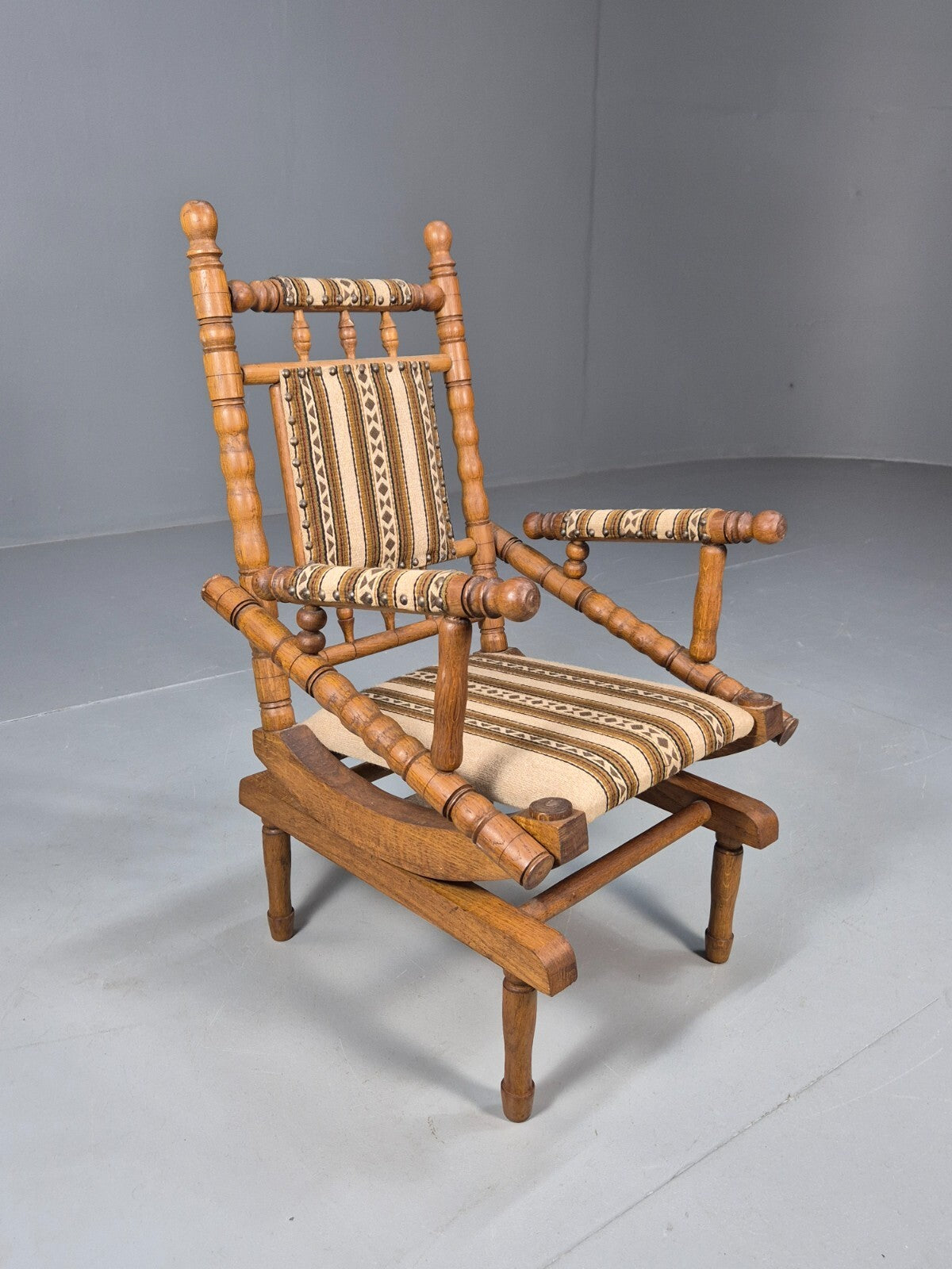 Vintage Childs American Style Rocking Chair Oak and Stripe Wool EB9577 MNOR - UKDK FURNITURE