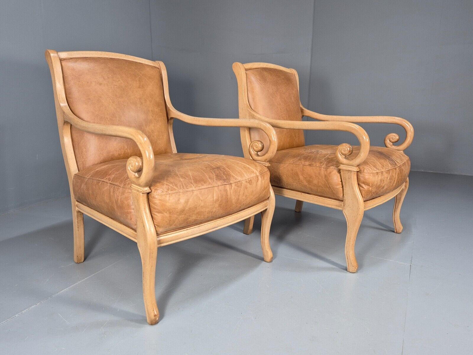 2 Vintage Lounge Chairs Tan Leather Cream Wood Frame Antique Style EB9028 VLEA - UKDK FURNITURE