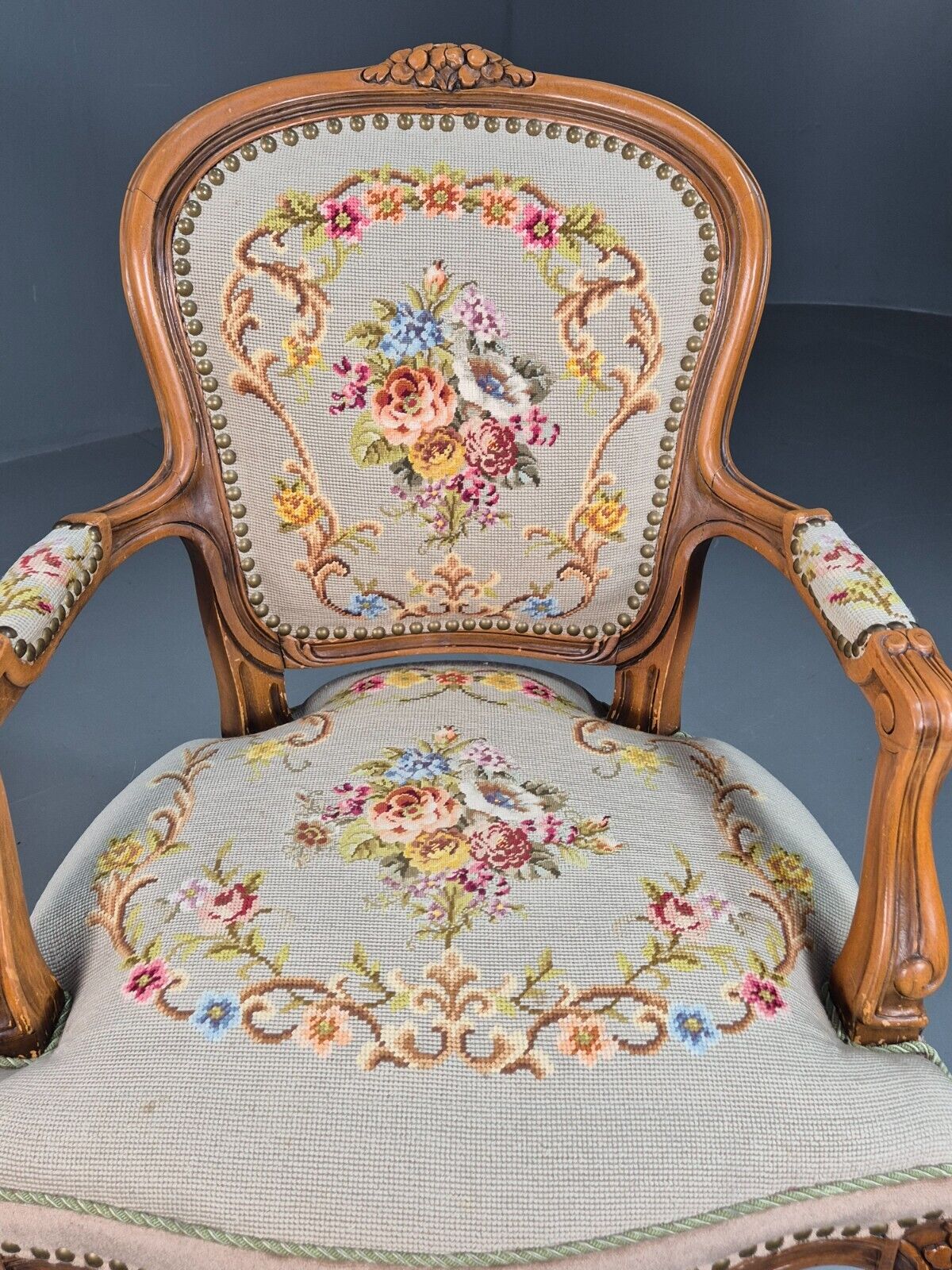 Vintage Danish Lounge Chair Fauteuil Floral Tapestry Hardwood French EB8081 VCAR - UKDK FURNITURE