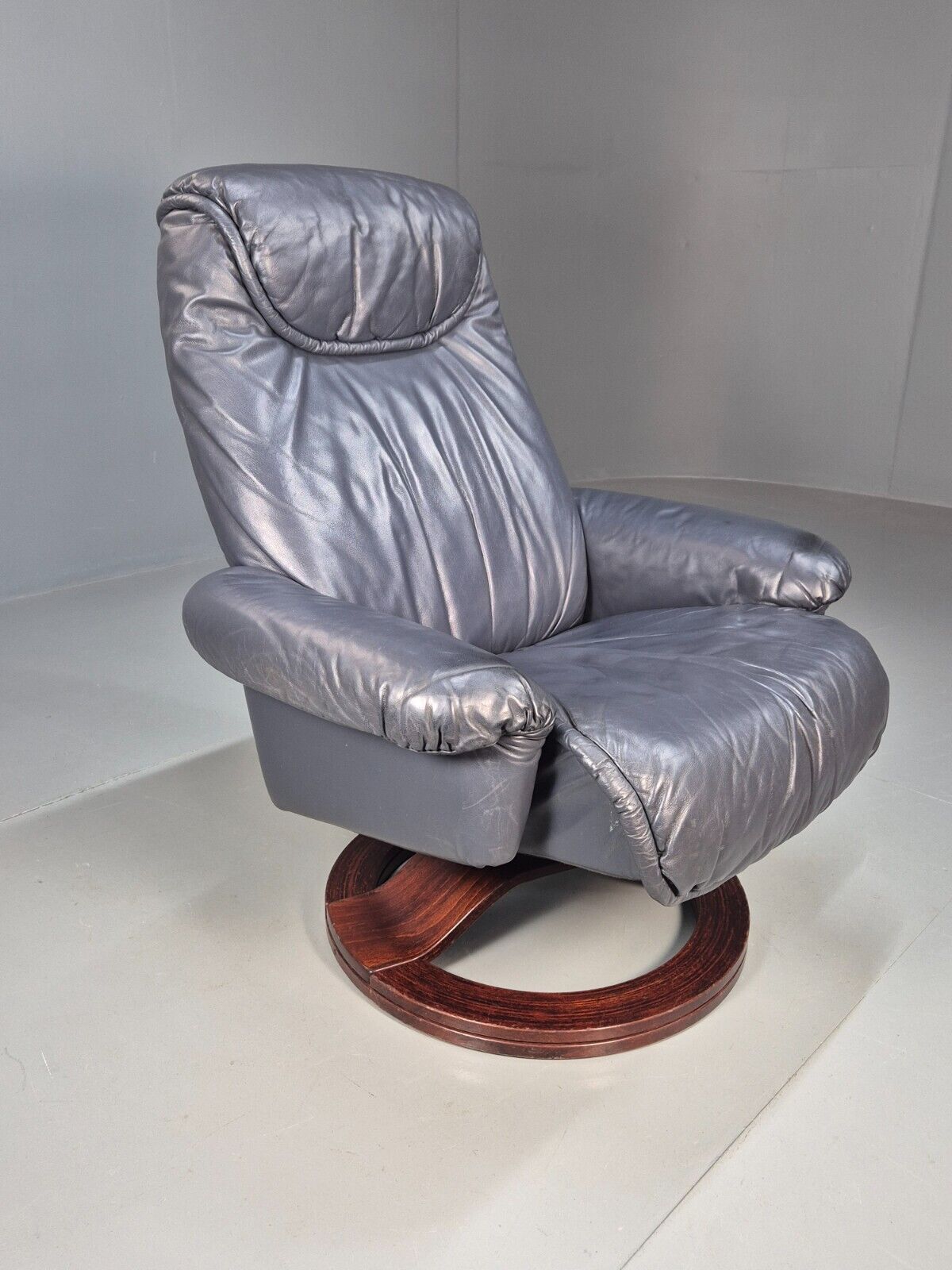 Vintage Danish Swivel Chair Blue Grey Leather Reclines 1980s Retro Eb8465 MSWI - UKDK FURNITURE