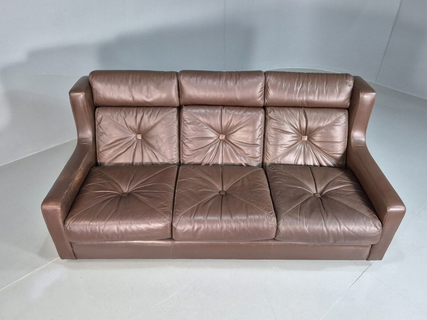 Vintage Danish 3 Seat Sofa Brown Leather Wing Back 1970s Retro MCM EB7977 M3SS - UKDK FURNITURE
