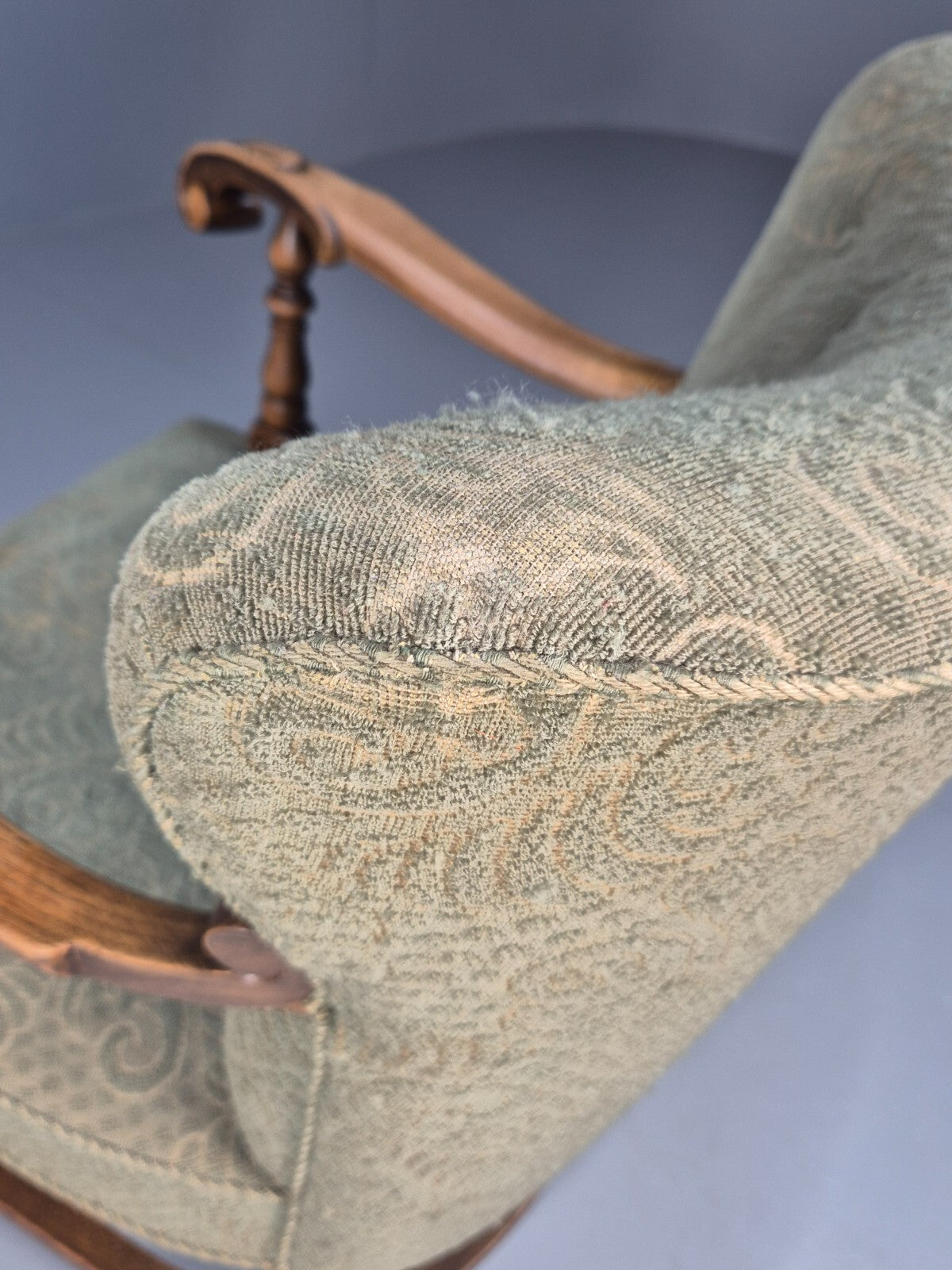 Vintage Danish Lounge Chair Green Moquette Carved Oak Frame 1940s EB8998 VCLO - UKDK FURNITURE
