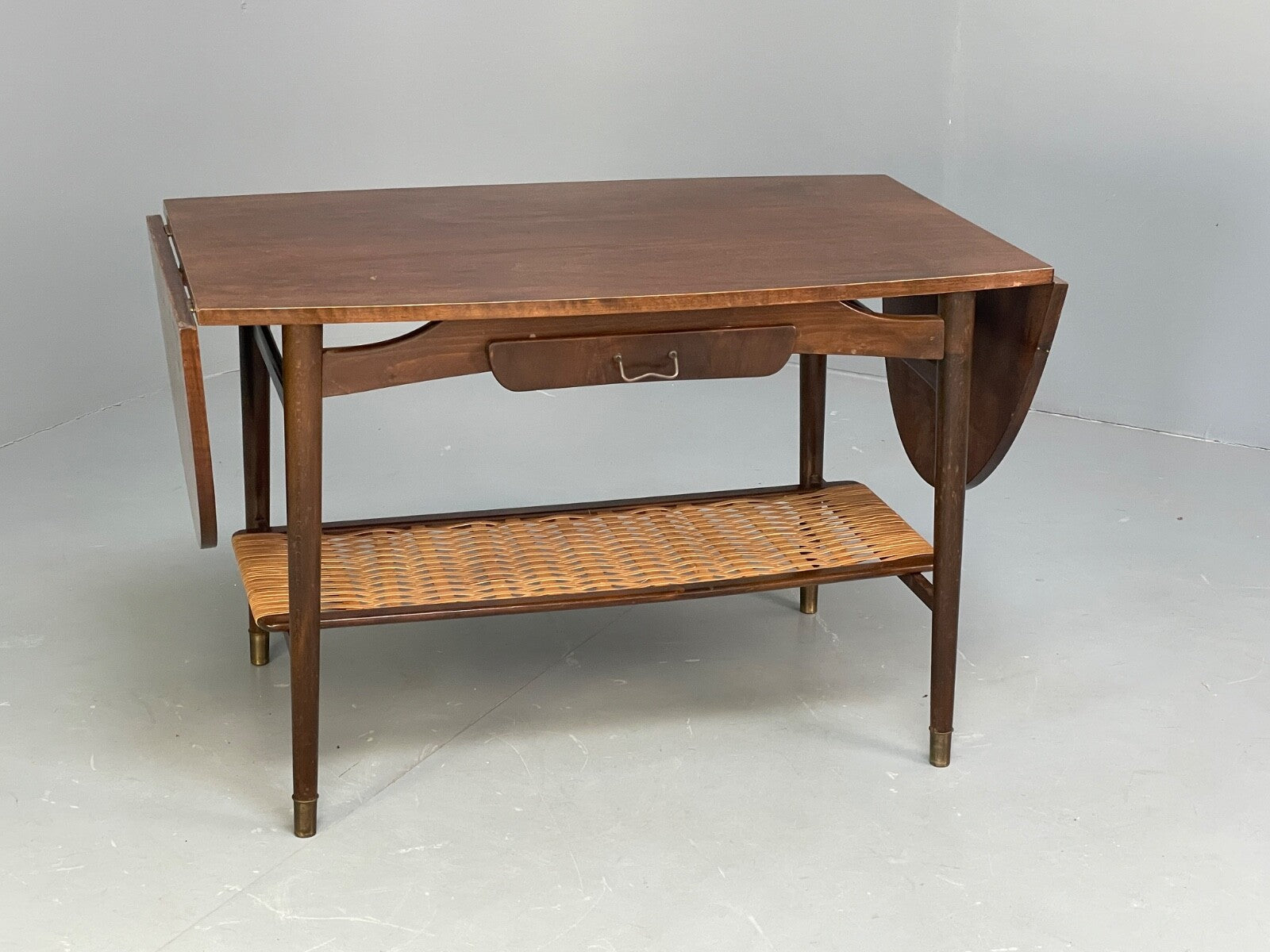 Vintage Walnut Extending Coffee Table Rattan Shelf Drawers 1950s EB9441 MWOO - UKDK FURNITURE
