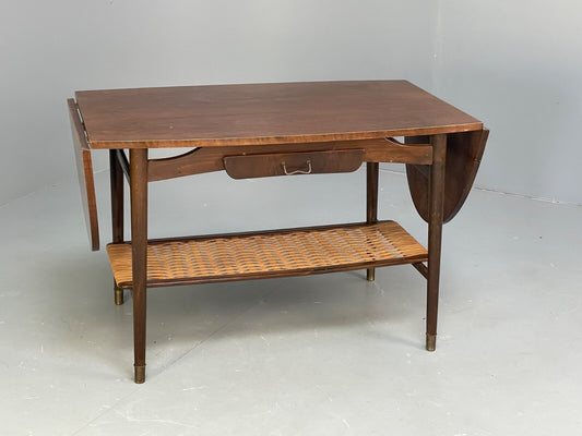 Vintage Walnut Extending Coffee Table Rattan Shelf Drawers 1950s EB9441 MWOO - UKDK FURNITURE