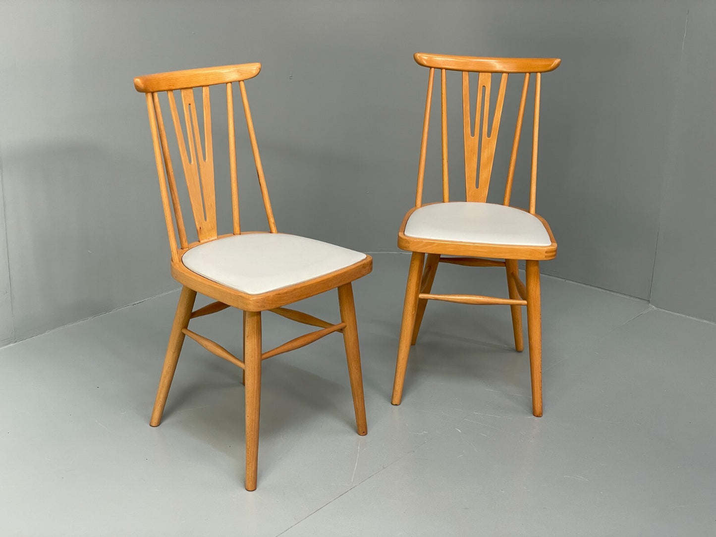 Mid Century Beech Dining Chairs Pair Off White Vinyl 1960s EB9779 MDIN - UKDK FURNITURE