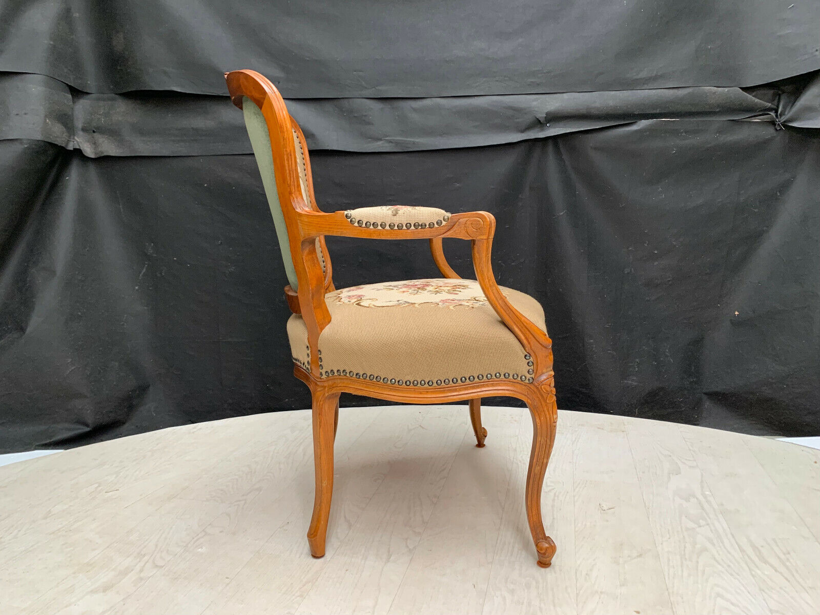 Danish Carved Beech & Beige Floral Wool Arm Chair Vintage Lounge EB2515 VCAR - UKDK FURNITURE