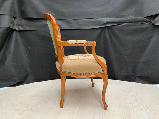 Danish Carved Beech & Beige Floral Wool Arm Chair Vintage Lounge EB2515 VCAR - UKDK FURNITURE