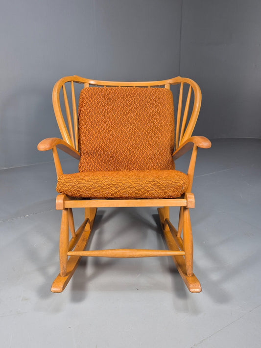 Vintage 1950s Rocking Chair Orange Pattern Fabric Beech Frame Retro EB9481 MNOR - UKDK FURNITURE
