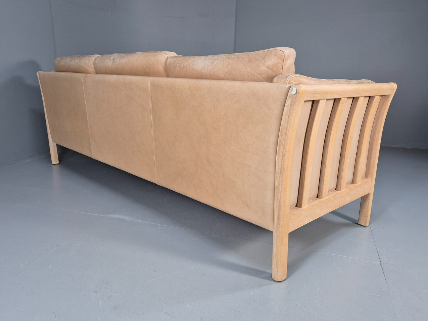 Vintage danish Tan Leather 3 Seat Sofa Wooden Ends Mogens Hansen MCM EB9083 M3SS - UKDK FURNITURE