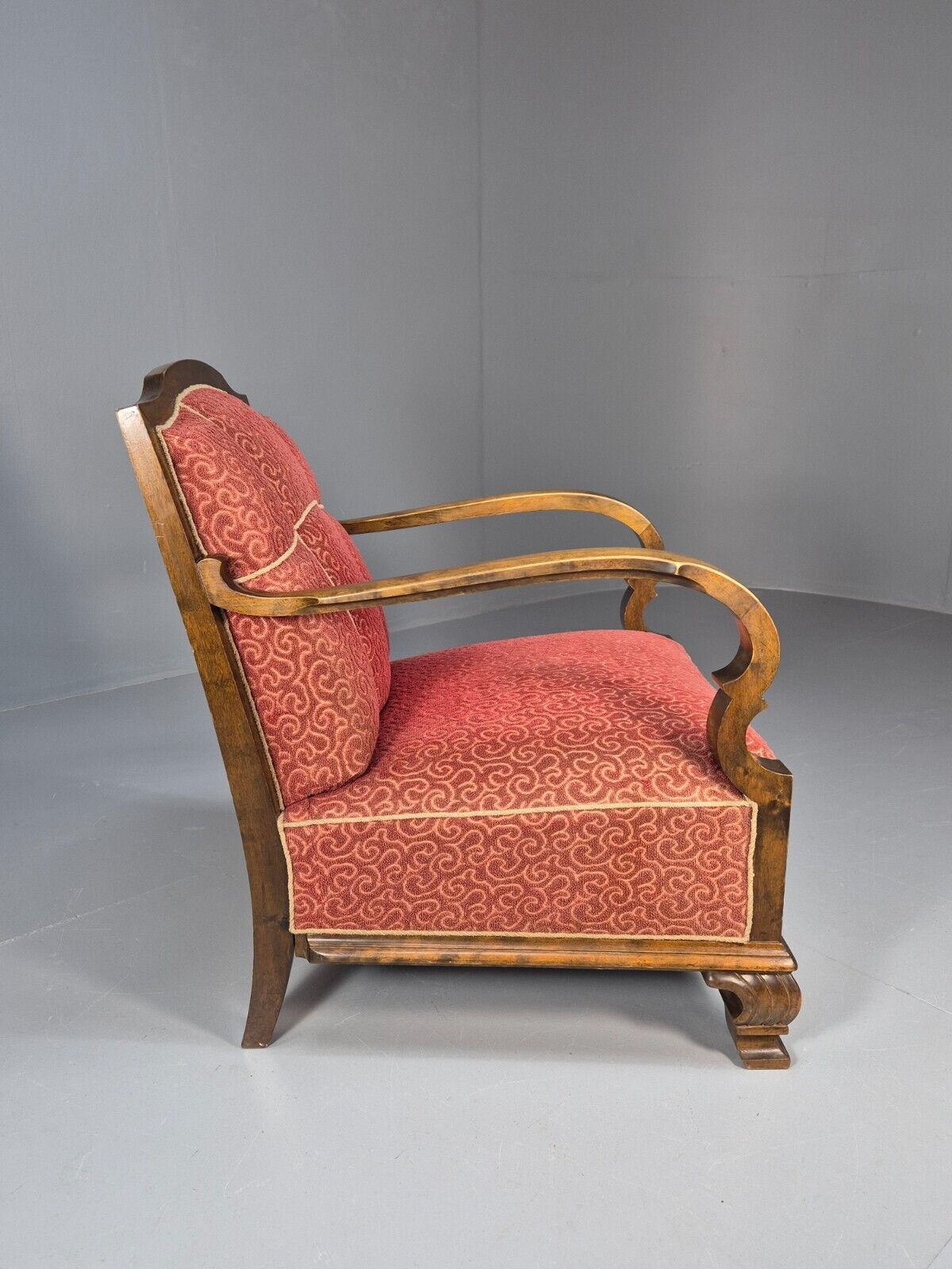 Vintage Danish Lounge Chair Red Moquette Beech Frame 1920s Antique EB8939 VCLO - UKDK FURNITURE