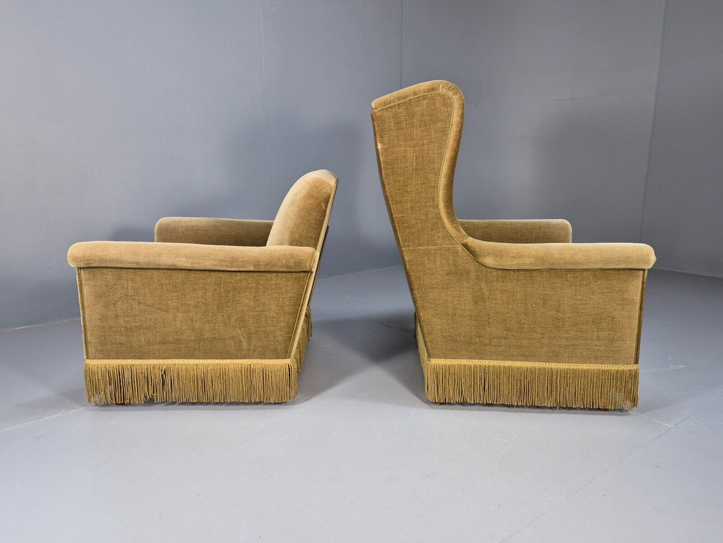 2 High and Low Back Danish Midcentury Chairs Green Velour Tassels EB8968 MNOR - UKDK FURNITURE