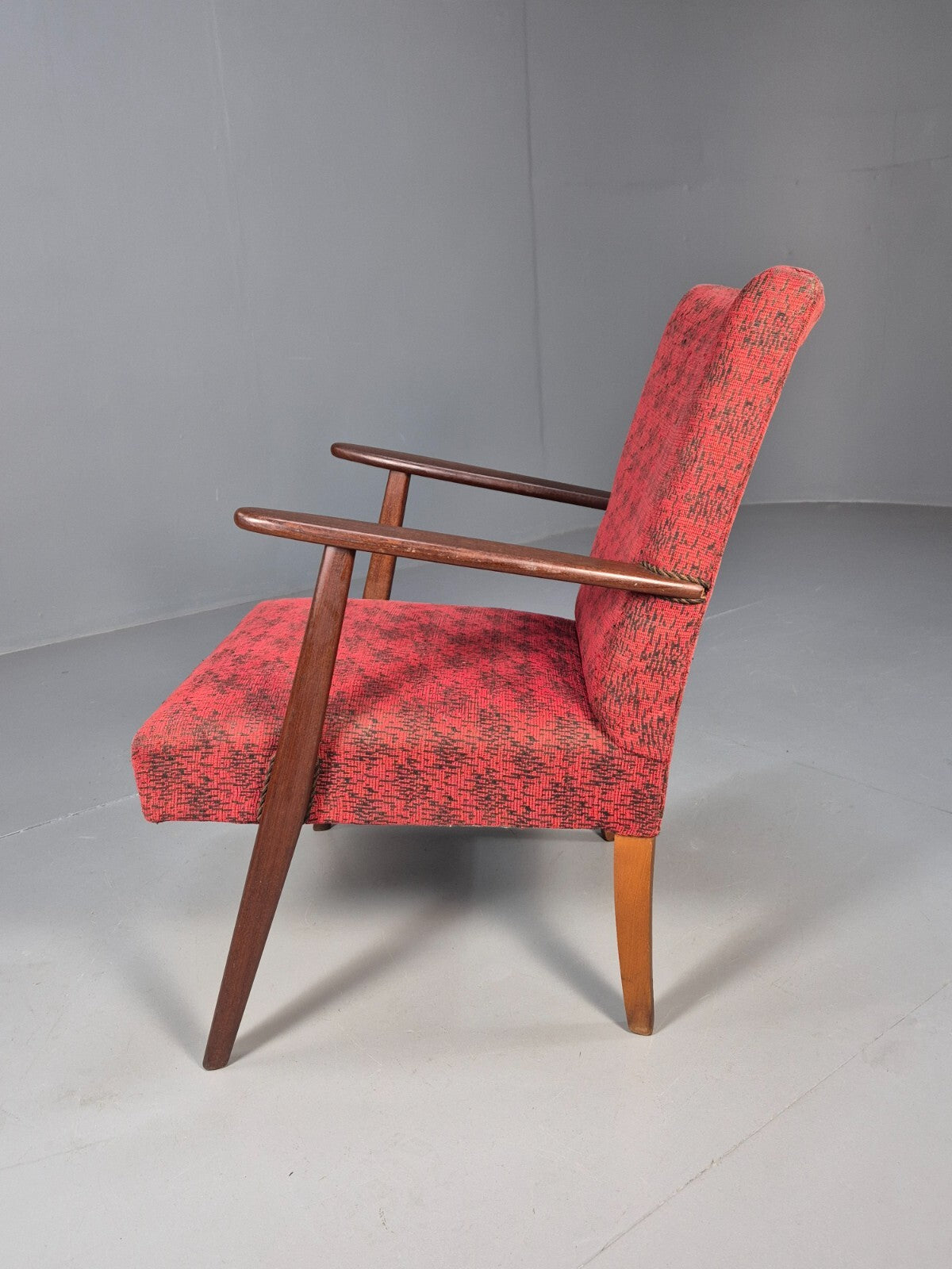 Mid Century Danish Armchair Teak Wood Red Pattern Fabric Vintage 60s EB9598 MNOR - UKDK FURNITURE