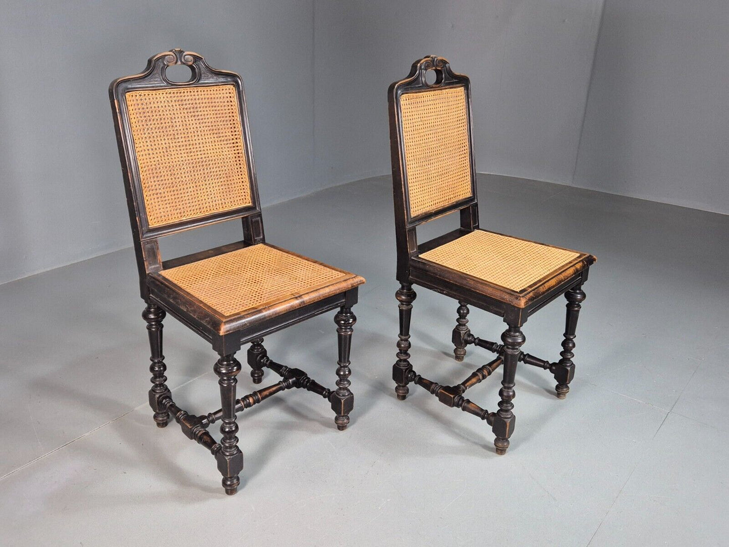 2 Vintage Dining Chairs Bergere Ebonised Aesthetic Movement Antique EB7975 VBER - UKDK FURNITURE