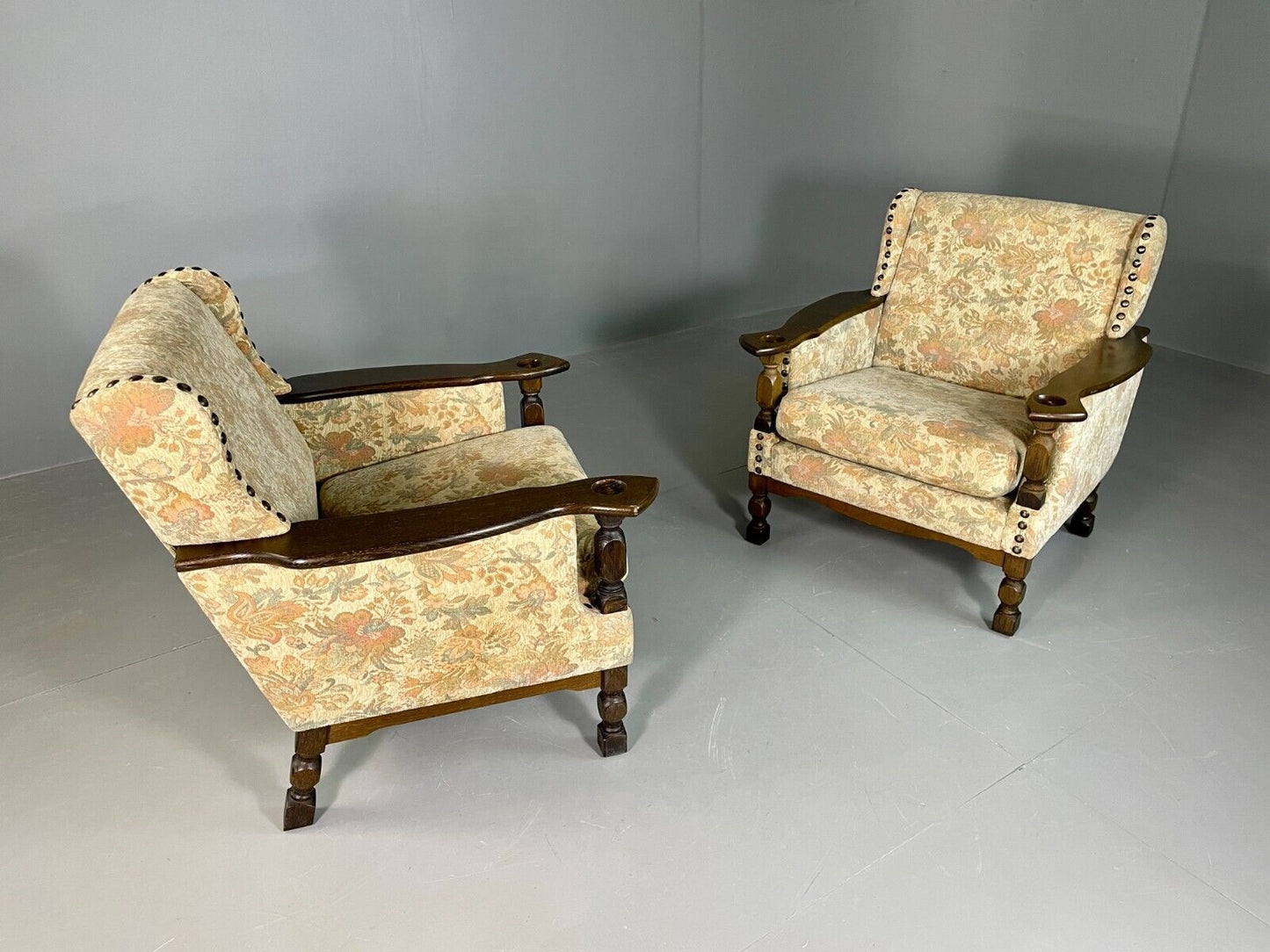 2 Vintage Danish Lounge Chairs Floral Cotton Oak Frame Retro EB6690 MNOR - UKDK FURNITURE