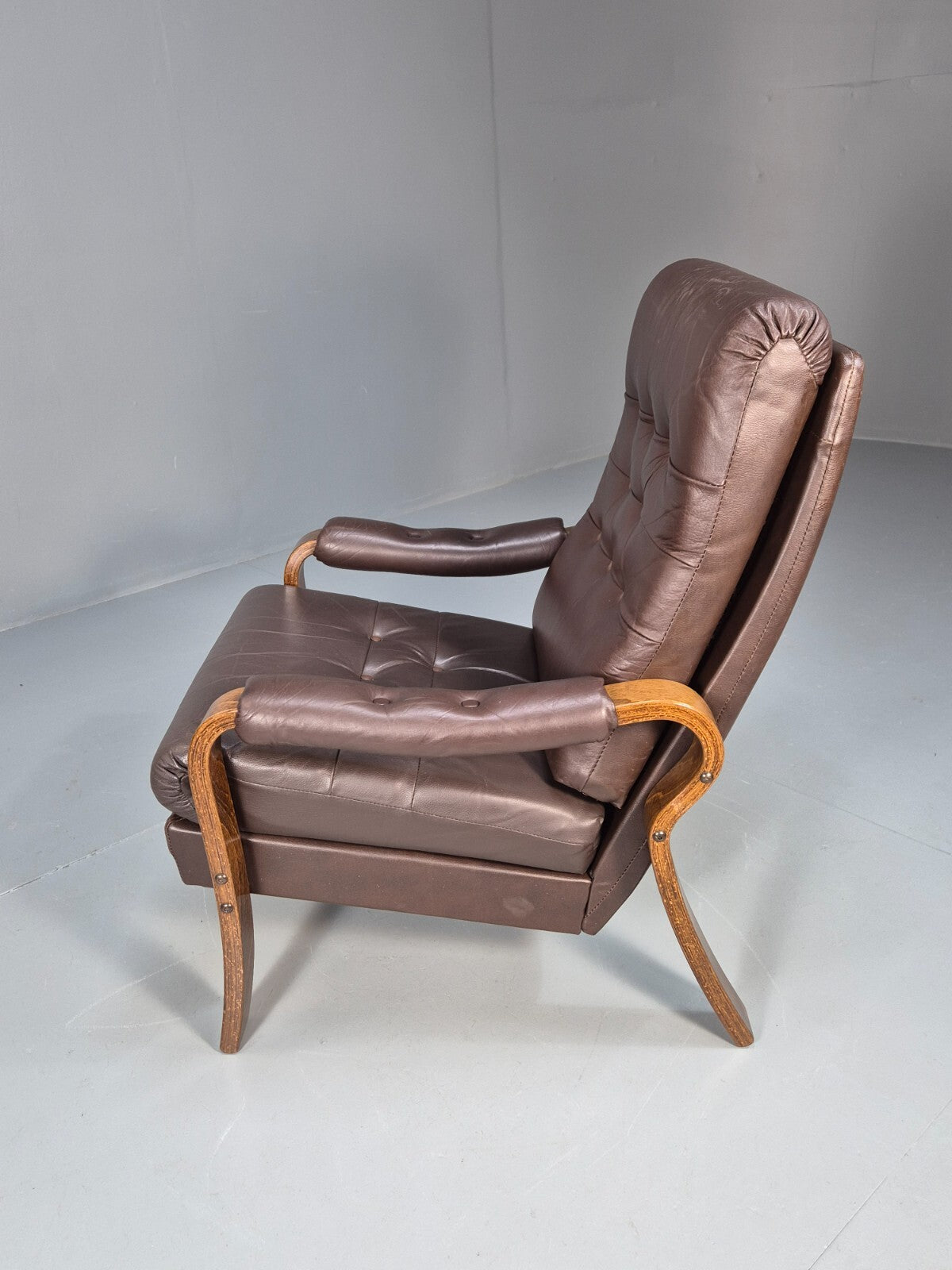 Vintage Danish Brown Leather Lounge Chair Bentwood Frame 1970s Retro EB9287 MNOR - UKDK FURNITURE