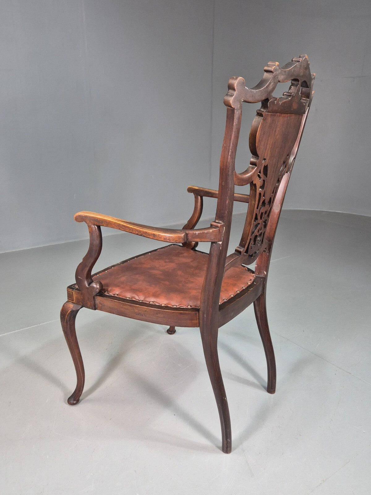 Vintage Elbow Carver Chair Vinyl Mahogany Inlay Antique EB7798 VCAR - UKDK FURNITURE