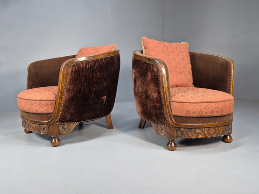 2 Vintage Art Deco Danish Tub Lounge Chairs Damask and Velvet 1940s EB9004 VCLO - UKDK FURNITURE