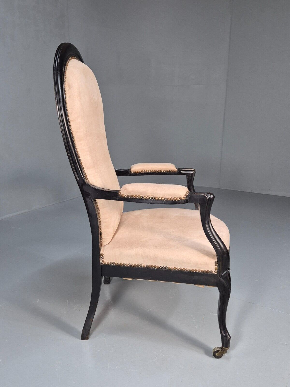 Antique Danish Cream Suede Horseshoe Backed Chair With Castors EB8450 VCLO - UKDK FURNITURE