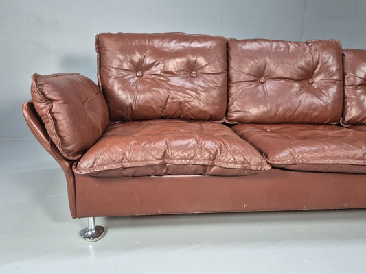 Vintage Danish 3 Seat Sofa Brown Leather Buttoned 1970s Retro MCM EB8586 M3SS - UKDK FURNITURE