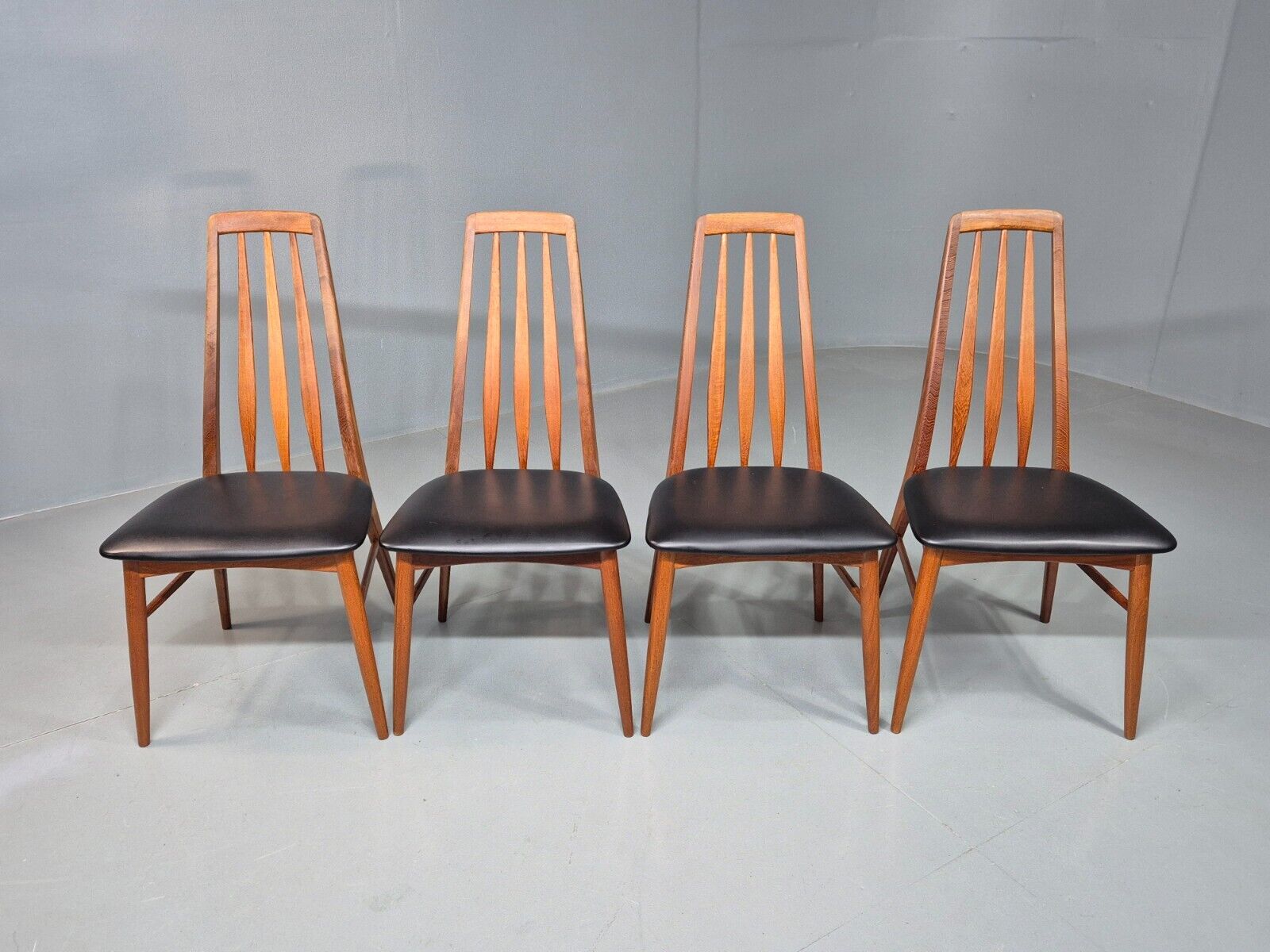4 Vintage Danish Dining Chairs Black Vinyl Teak Koefoeds Retro MCM EB8433 MDIN - UKDK FURNITURE