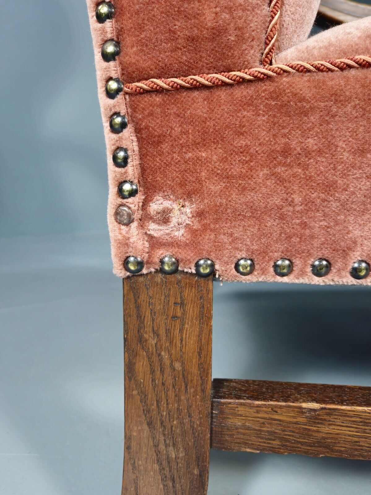 Vintage Danish Lounge Chair Pink Peach Velour Oak 17th Century Style EB8985 VCLO - UKDK FURNITURE