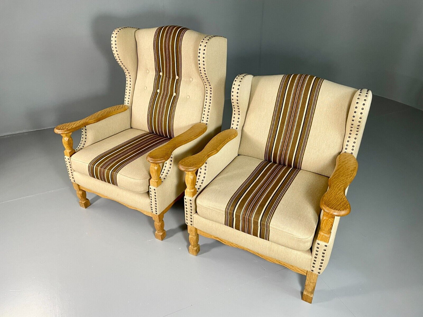 EB6491 Vintage Danish Pair of Armchairs Oak Frame Cream and Brown Fabric VCLO - UKDK FURNITURE