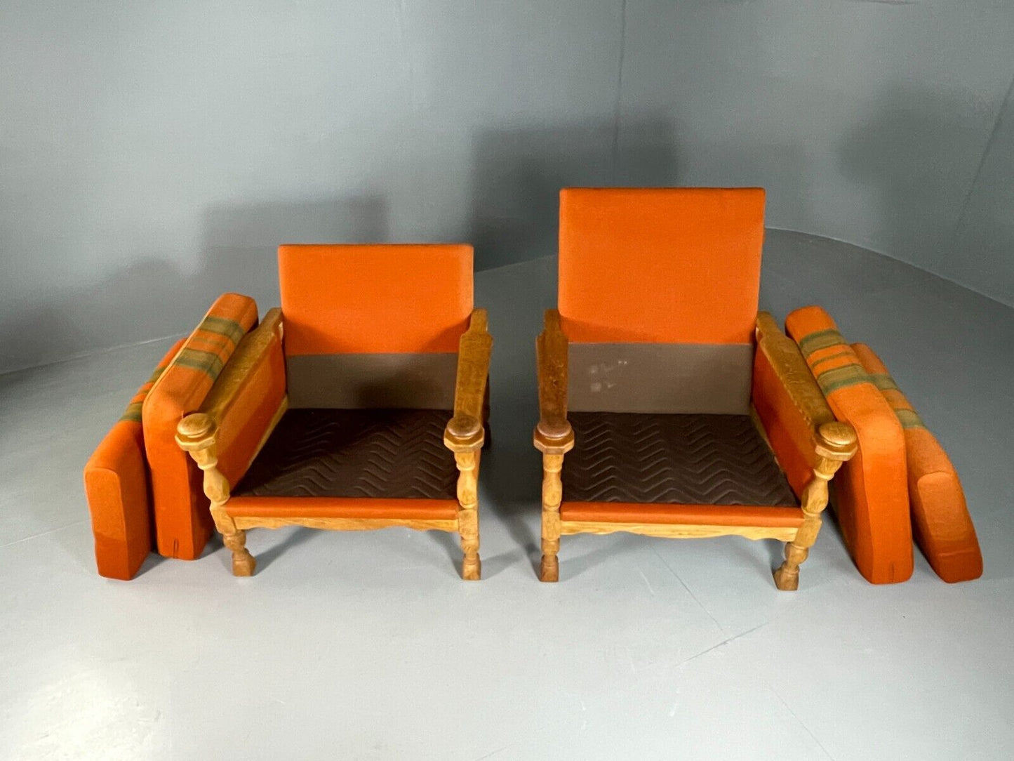 2 Vintage Danish Lounge Chairs Orange Green Oak Kjaernulf Retro MCM EB6716 MNOR - UKDK FURNITURE