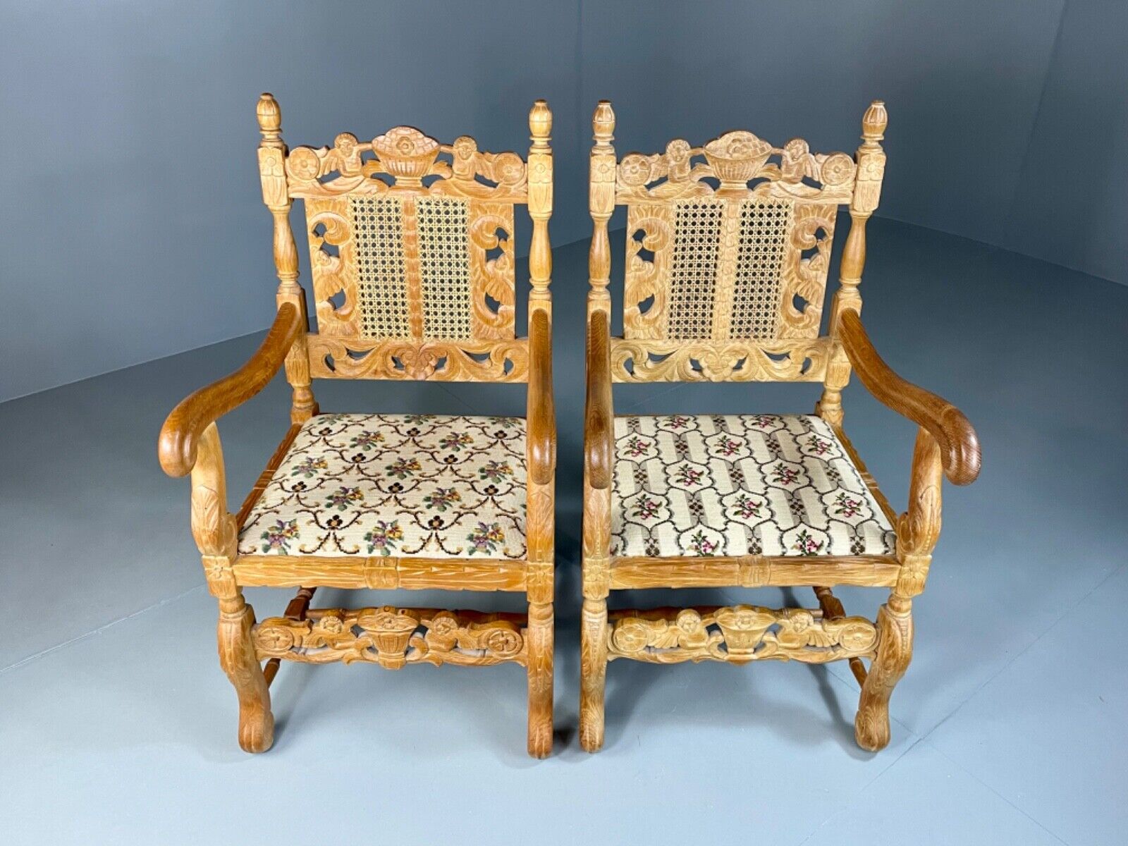 EB5172 2 Vintage Danish Carved Oak Elbow Chairs. Carolean Style, Antique VCAR - UKDK FURNITURE