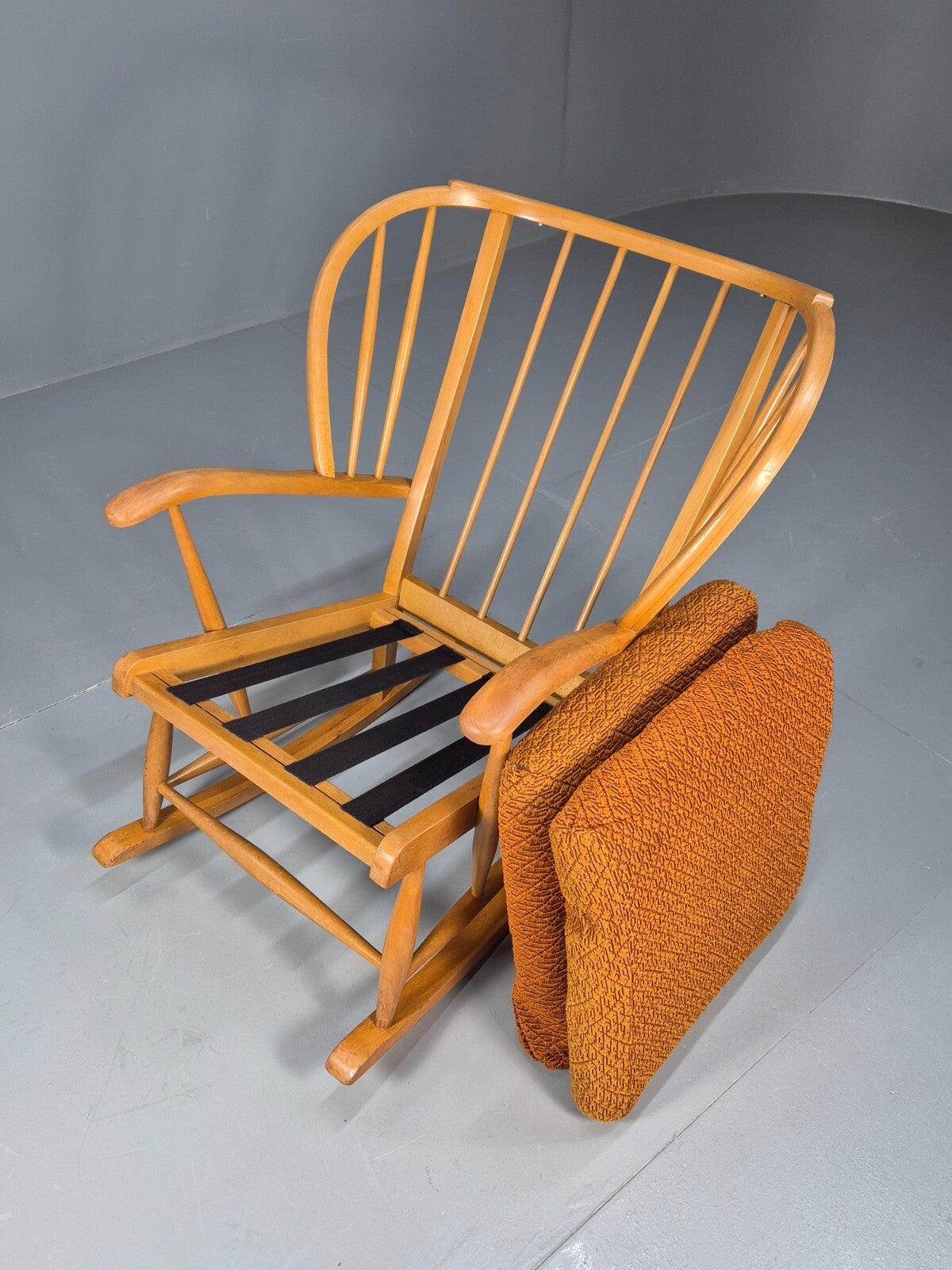 Vintage 1950s Rocking Chair Orange Pattern Fabric Beech Frame Retro EB9481 MNOR - UKDK FURNITURE