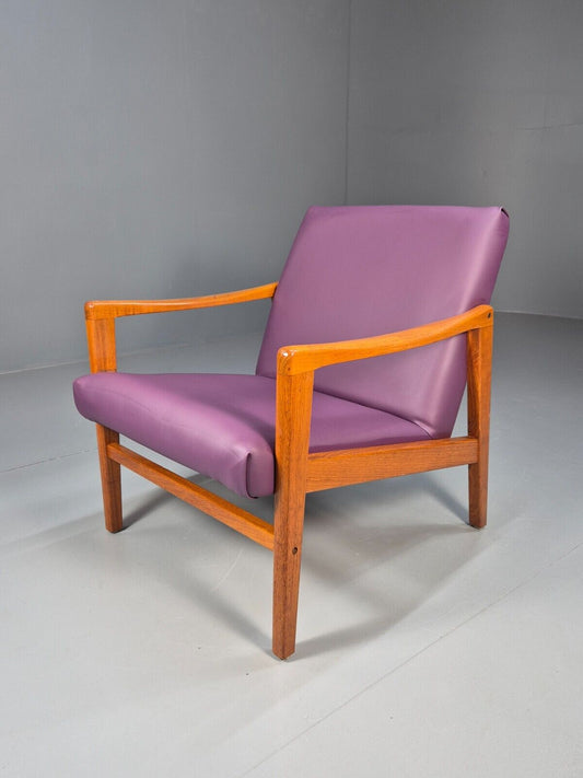 Vintage Danish Teak Lounge Chair Purple Faux Leather Retro 1960s MCM EB7718 MNOR - UKDK FURNITURE