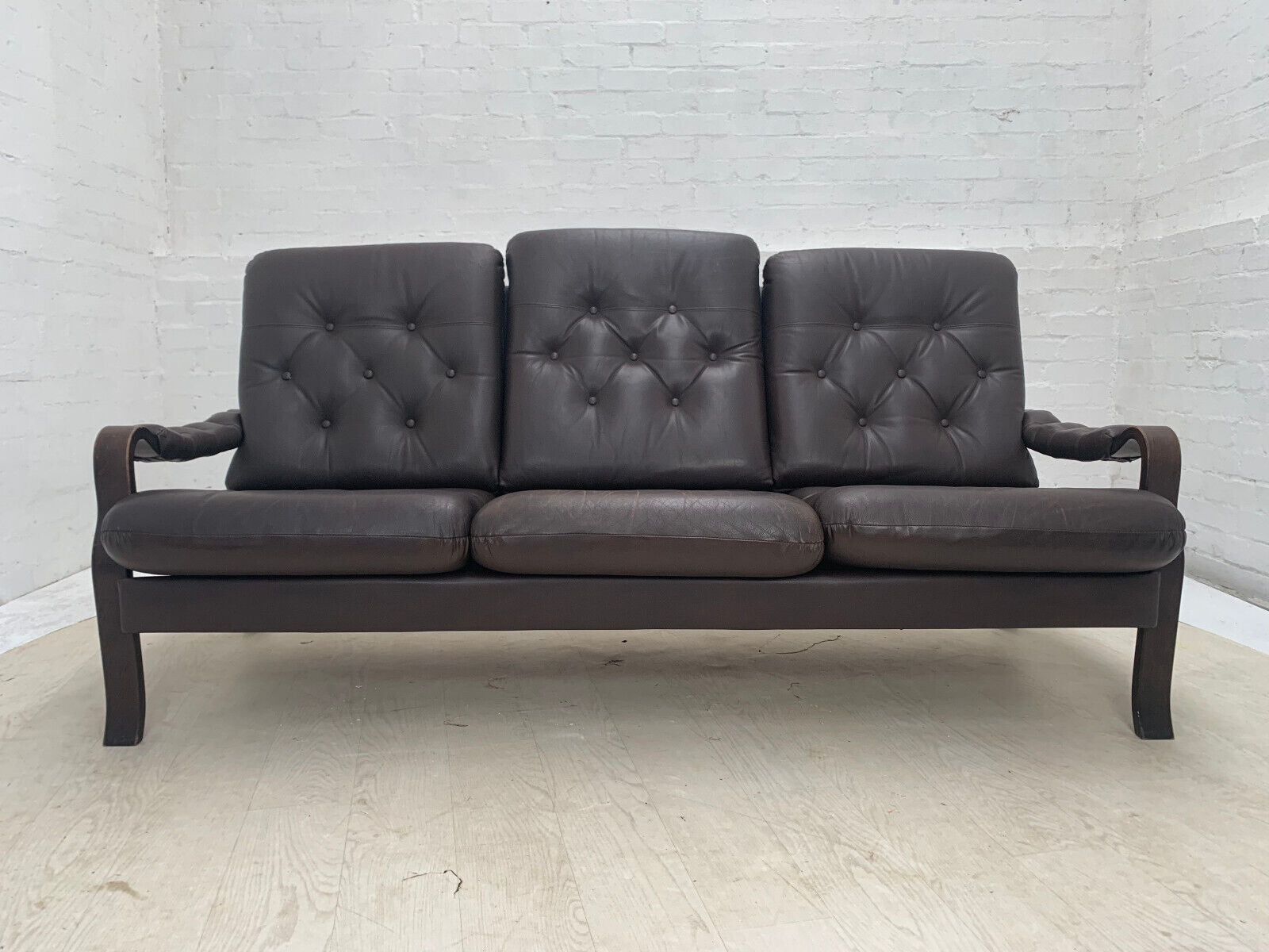 Danish Stained Beech, Dark Brown Leather & Vinyl Three-Seater Sofa EB3459 M3SS - UKDK FURNITURE