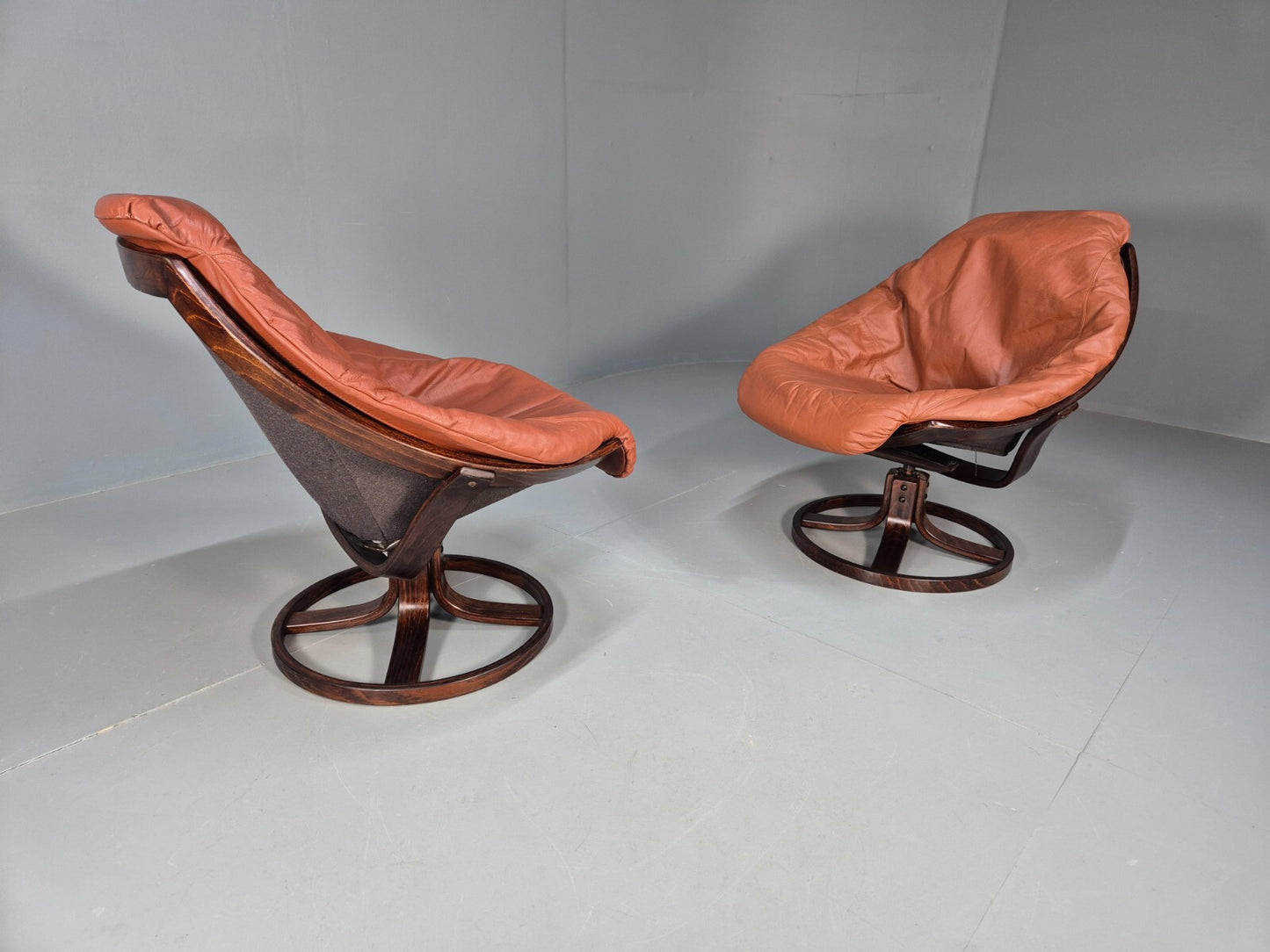 2 Vintage Danish Tan Leather Lounge Chairs Swivel Base MCM Retro EB9299 MSWI - UKDK FURNITURE