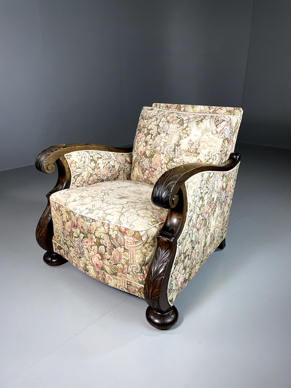 Vintage Danish Lounge Chair, Antique, Floral, Carved Wood Frame, EB2466 VCAR - UKDK FURNITURE