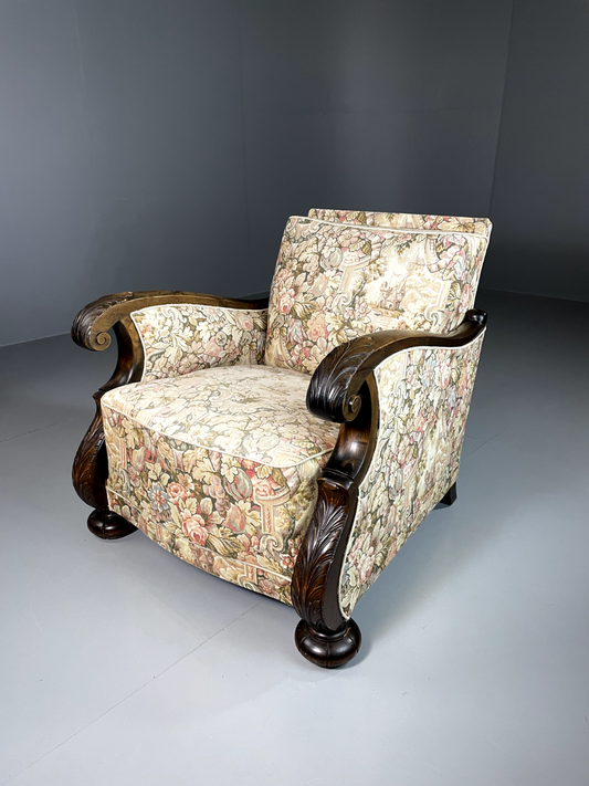 Vintage Danish Lounge Chair, Antique, Floral, Carved Wood Frame, EB2466 VCAR - UKDK FURNITURE