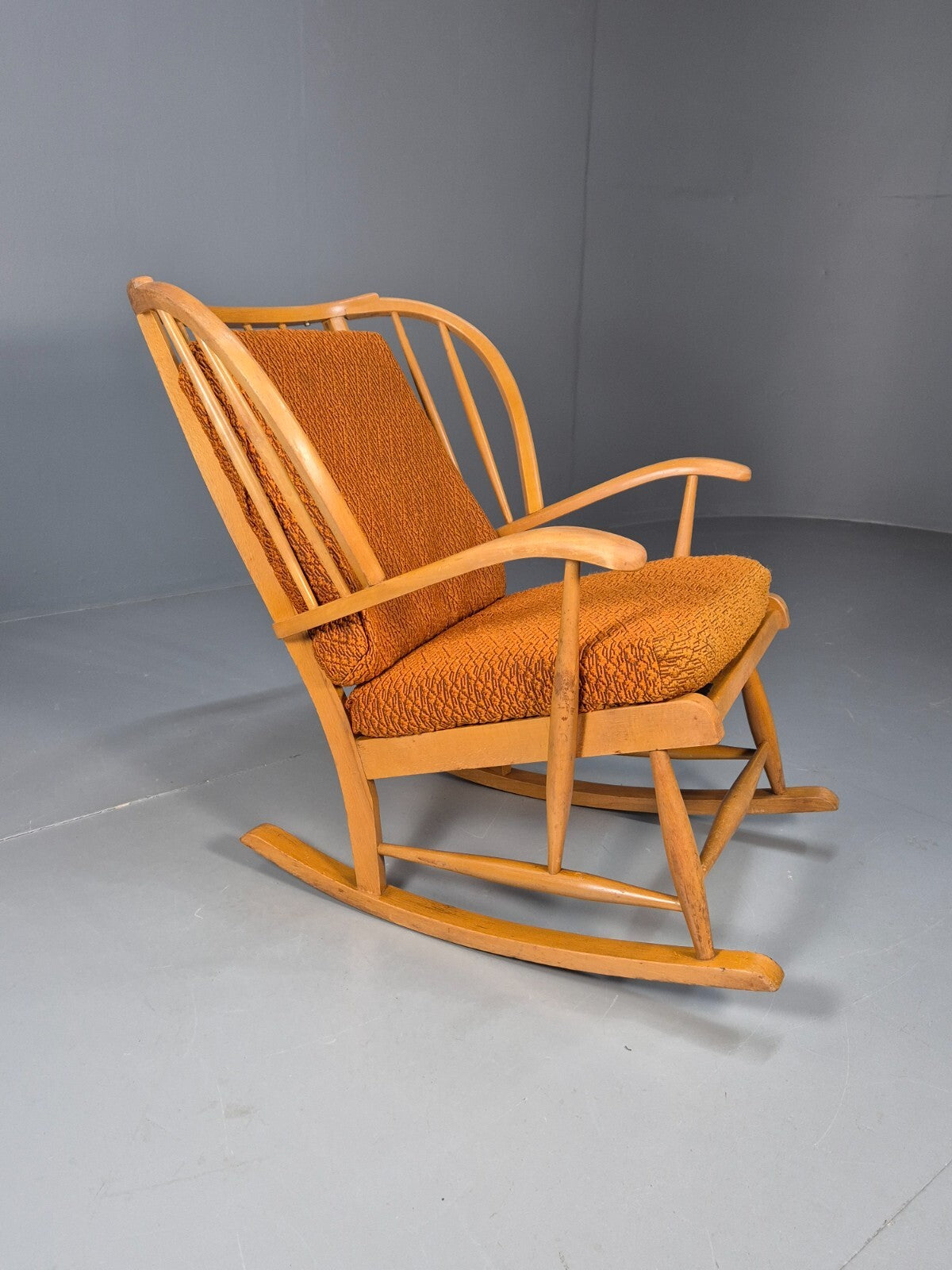 Vintage 1950s Rocking Chair Orange Pattern Fabric Beech Frame Retro EB9481 MNOR - UKDK FURNITURE