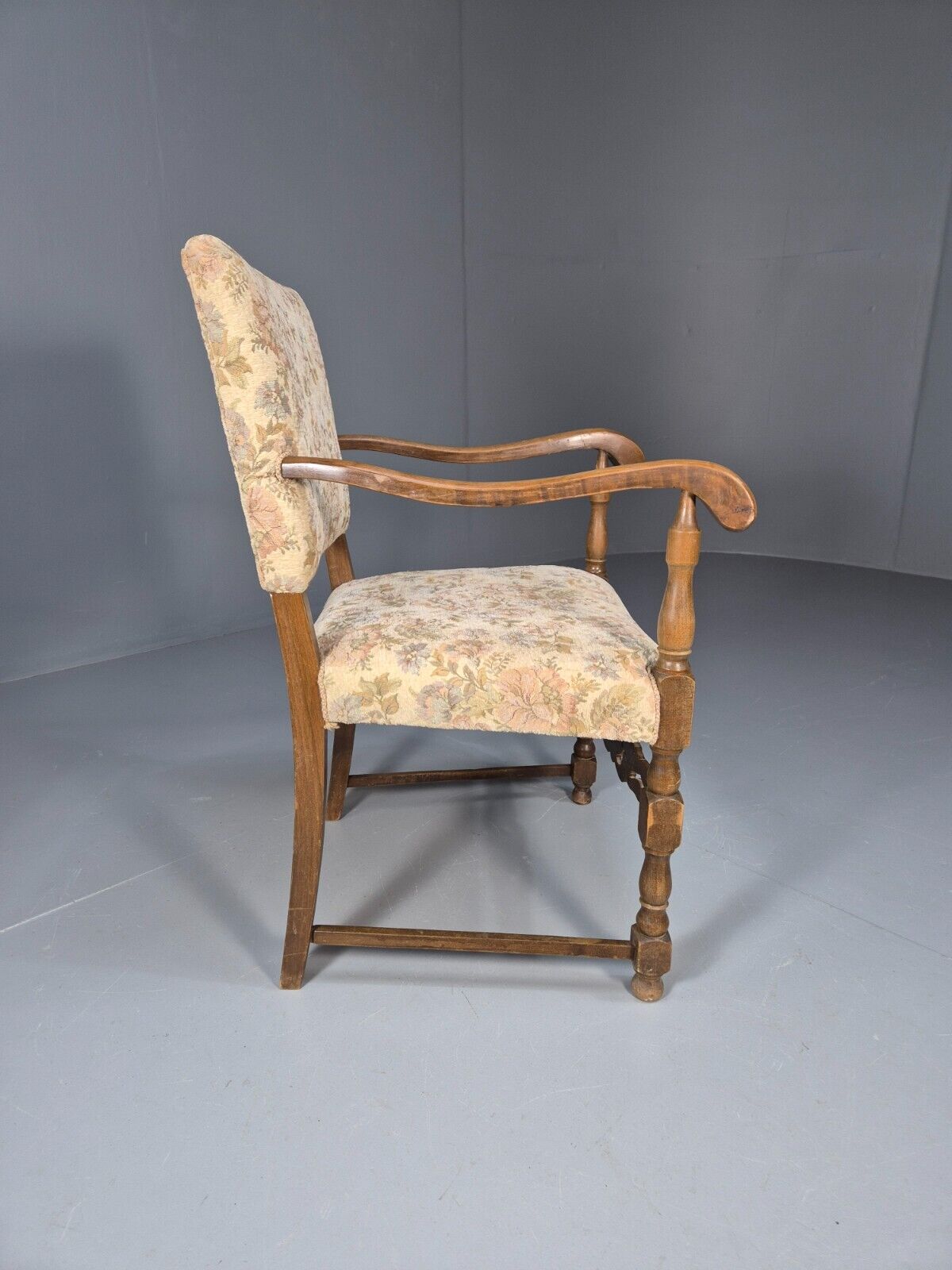 Vintage Danish Armchair Floral Cotton Oak Frame 17th Century Style EB8914 VCAR - UKDK FURNITURE