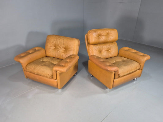 2 Vintage Danish Lounge Chairs Mustard Tan Leather Skippers 1970s EB7782 MNOR - UKDK FURNITURE
