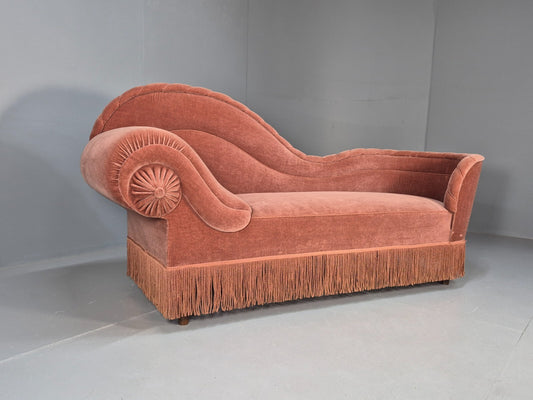 Vintage Danish Art Deco Chaise Lounge Pink Velour Tassels 1930s EB9664 VCHA - UKDK FURNITURE