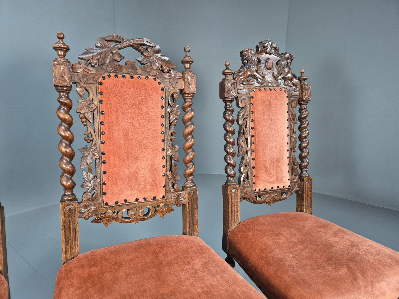 4 Vintage Antique Oak Dining Chairs Barley Twist Baroque 1900s EB9220 VCAR - UKDK FURNITURE