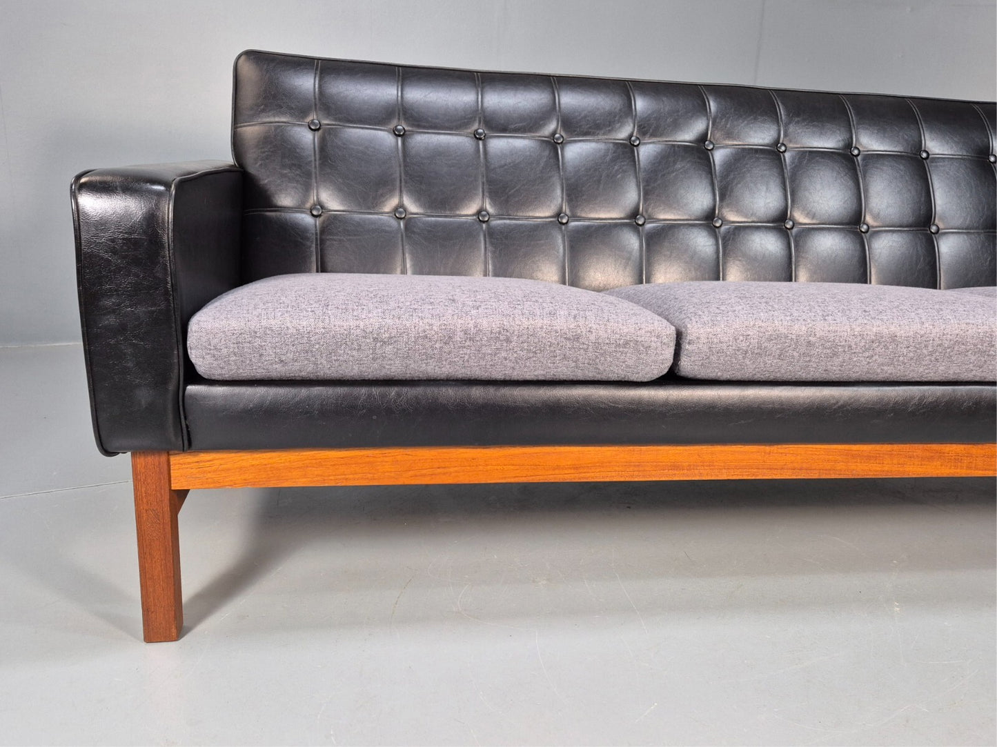 Vintage 3 Seater Sofa Black Leather Teak Frame Futura Mobler Mid Century M3SS - UKDK FURNITURE