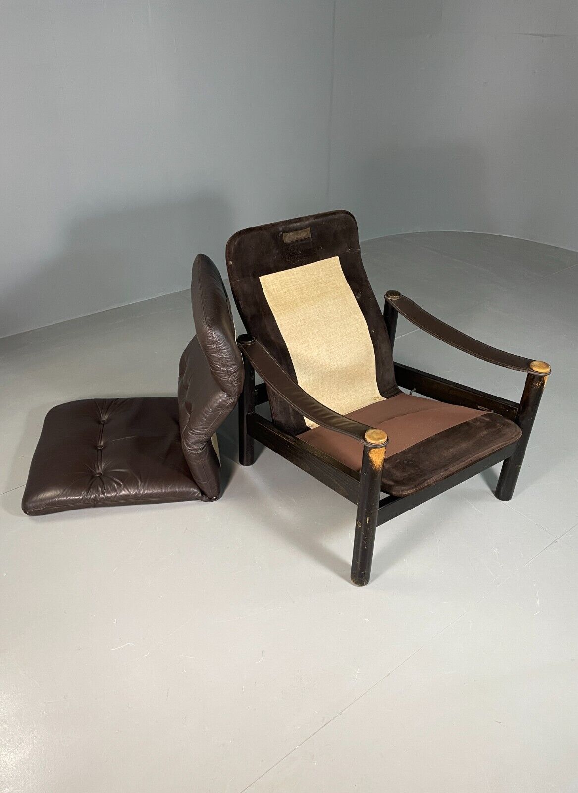 Vintage Danish Lounge Chair Brown Leather Sling Arms Retro MCM EB6867 MNOR - UKDK FURNITURE