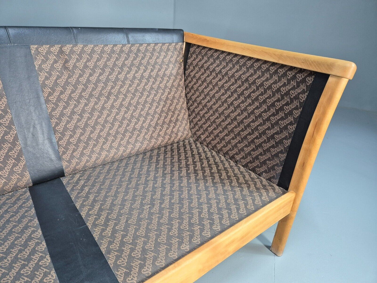 Vintage 3 Seat Sofa Black Leather Beech Ends Stouby Retro 1980s MCM EB8593 M3SS - UKDK FURNITURE