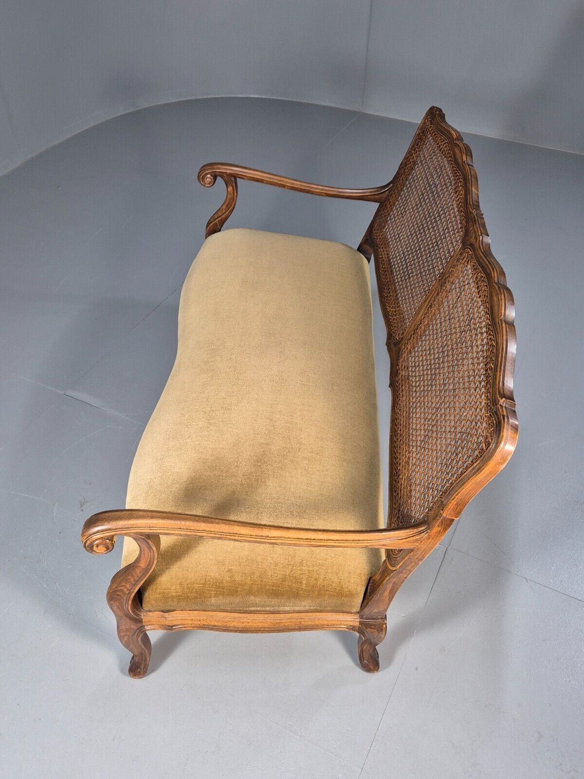 Vintage Danish 2 Seat Sofa Gold Velour Rattan Back Antique Style EB8921 V2SS - UKDK FURNITURE