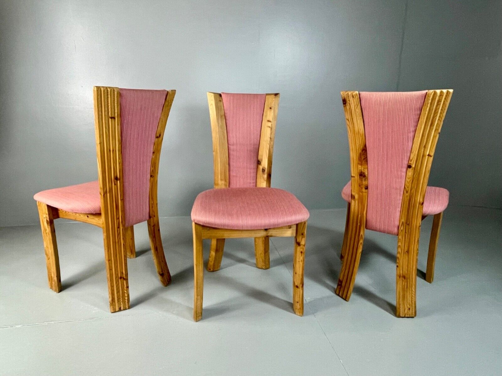 3 Danish 1980s Pine & Pink Fabric Dining Chairs Retro Post Modern EB4798 MDIN - UKDK FURNITURE