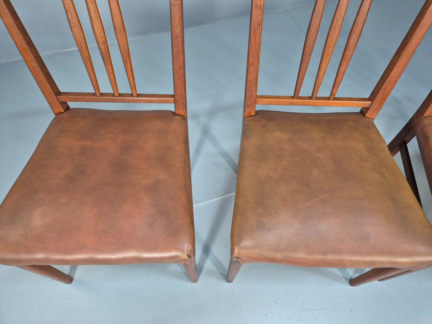 4 Gordon Russell Teak Dining Chairs Brown Vinyl 1960s Retro MCM EB9681 MDIN - UKDK FURNITURE