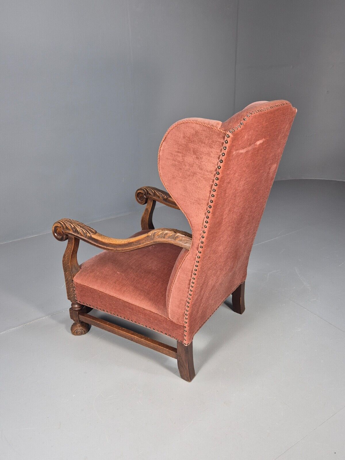 Vintage Danish Lounge Chair Pink Peach Velour Oak 17th Century Style EB8985 VCLO - UKDK FURNITURE